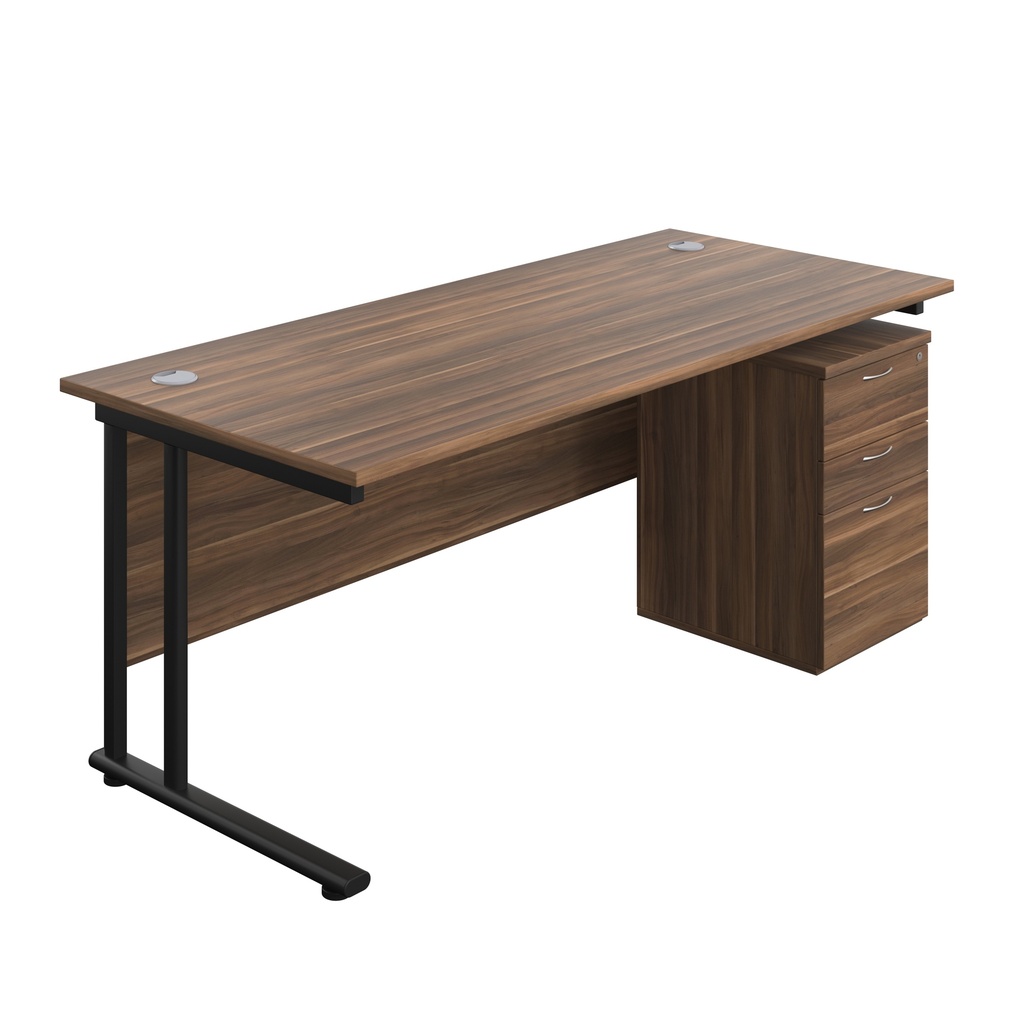 Twin Upright Rectangular Desk + High Mobile Pedestal 3 Drawer (FSC) | 1800X800 | Dark Walnut/Black | 