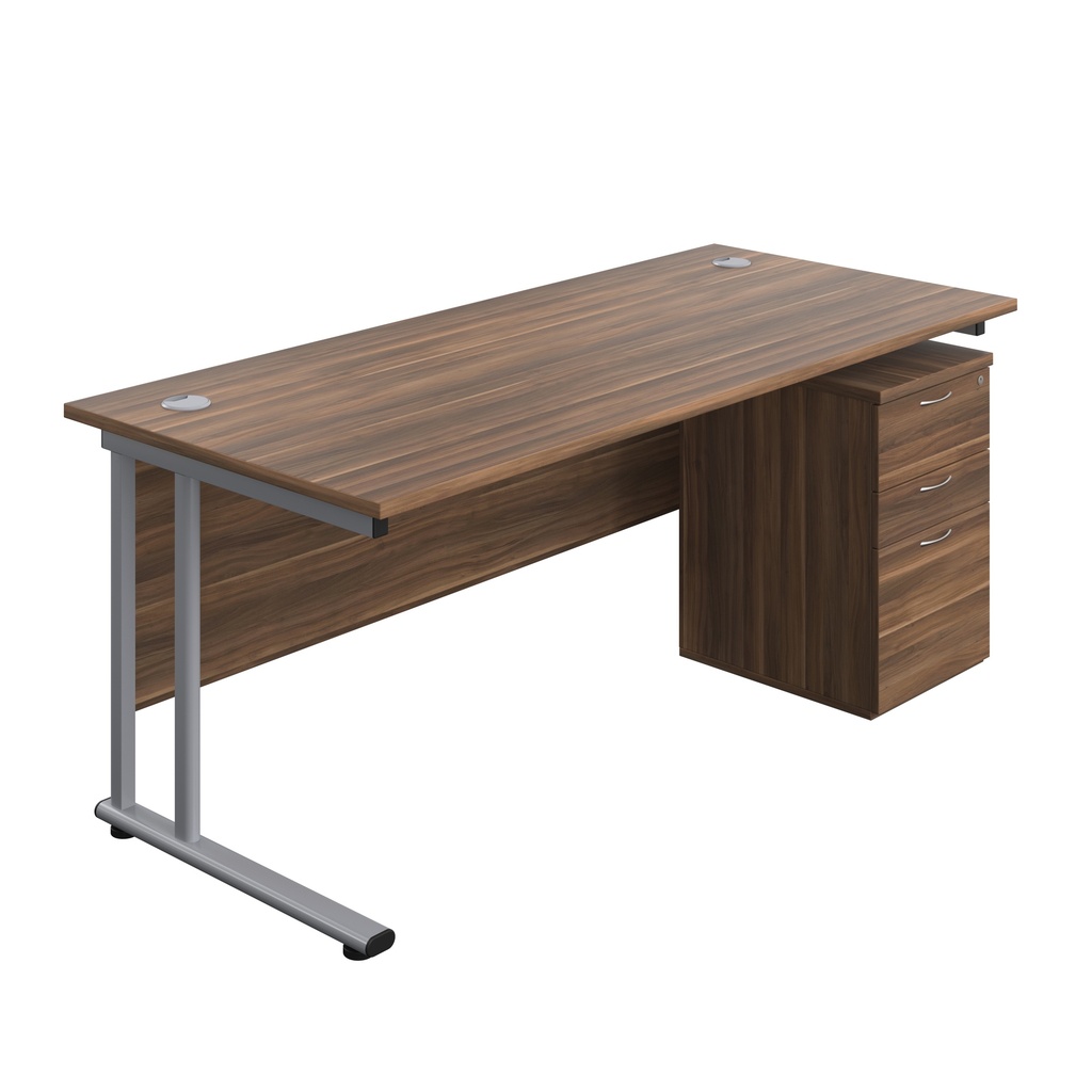 Twin Upright Rectangular Desk + High Mobile Pedestal 3 Drawer (FSC) | 1800X800 | Dark Walnut/Silver | 