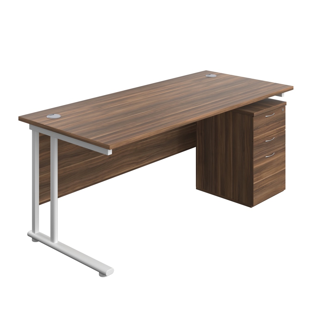 Twin Upright Rectangular Desk + High Mobile Pedestal 3 Drawer (FSC) | 1800X800 | Dark Walnut/White | 