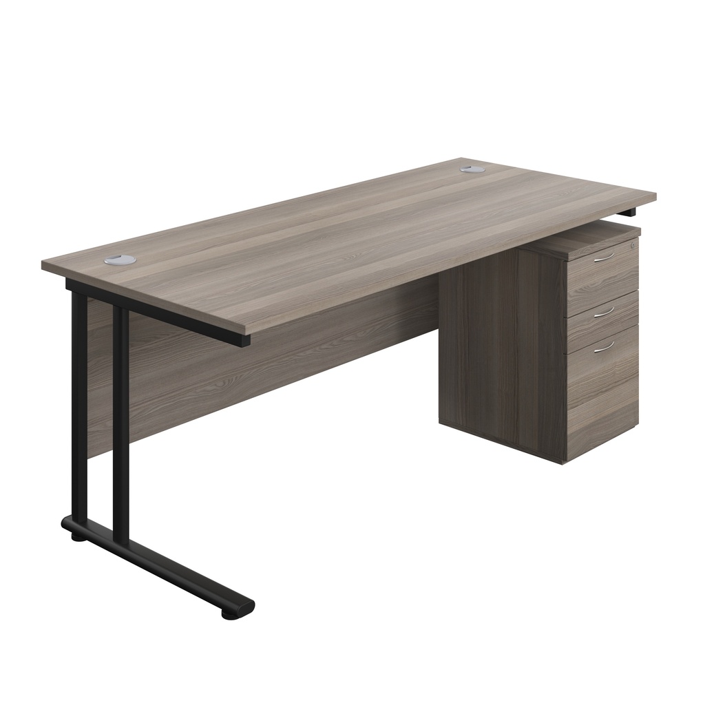 Twin Upright Rectangular Desk + High Mobile Pedestal 3 Drawer (FSC) | 1800X800 | Grey Oak/Black | 