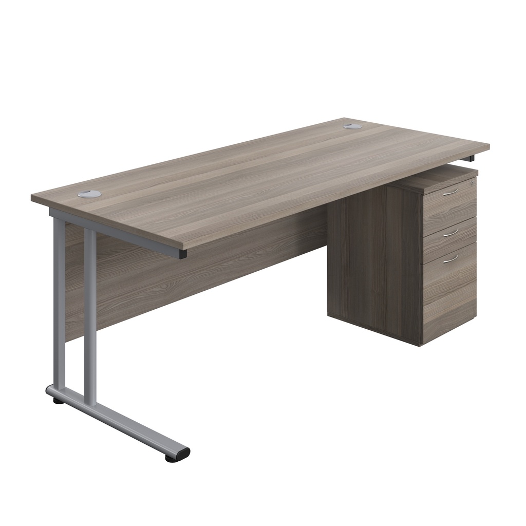 Twin Upright Rectangular Desk + High Mobile Pedestal 3 Drawer (FSC) | 1800X800 | Grey Oak/Silver | 