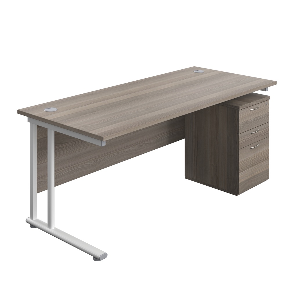 Twin Upright Rectangular Desk + High Mobile Pedestal 3 Drawer (FSC) | 1800X800 | Grey Oak/White | 
