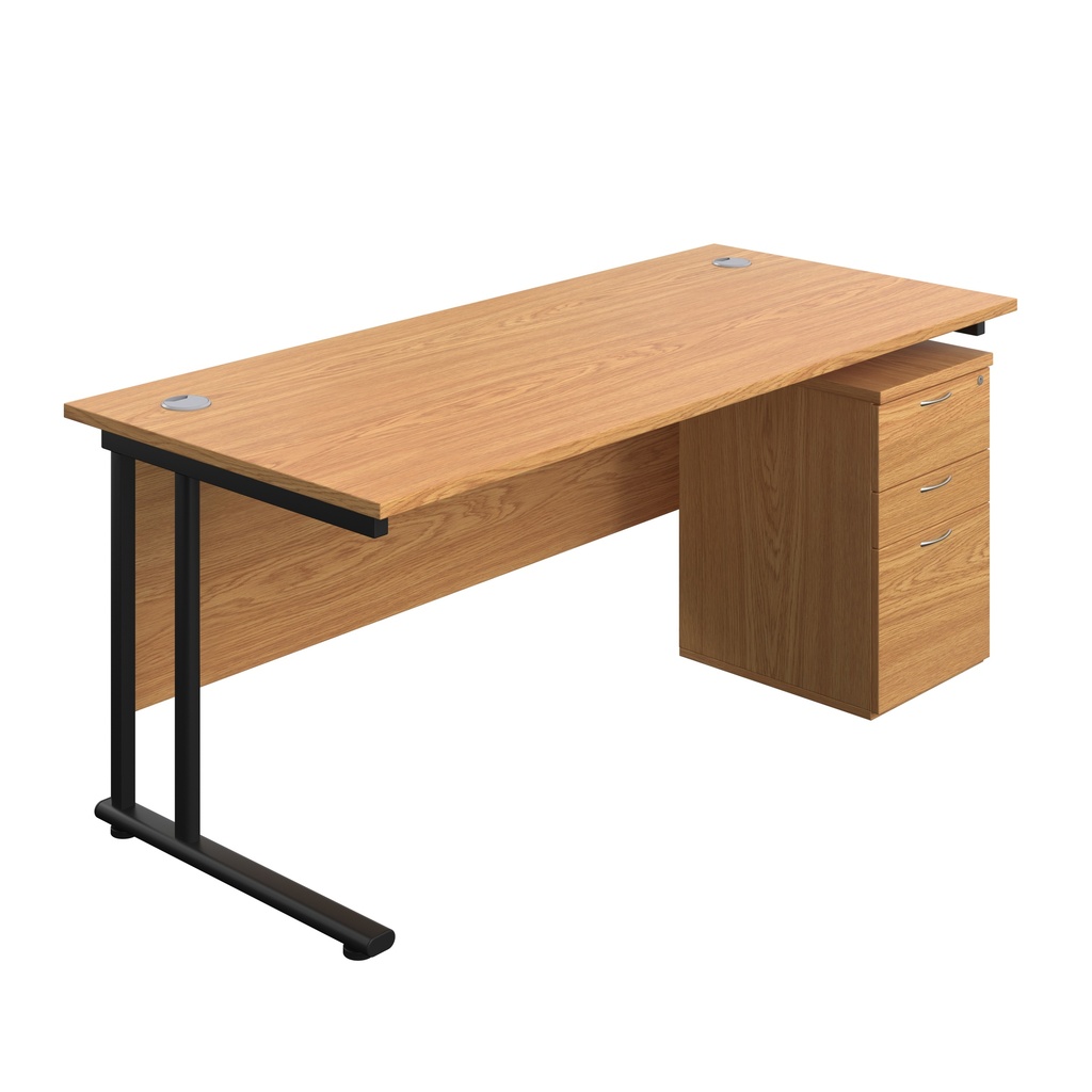 Twin Upright Rectangular Desk + High Mobile Pedestal 3 Drawer (FSC) | 1800X800 | Nova Oak/Black | 