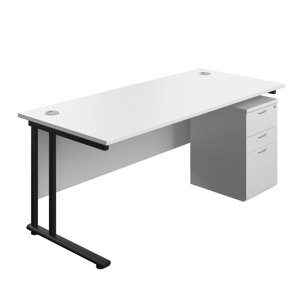 Twin Upright Rectangular Desk + High Mobile Pedestal 3 Drawer (FSC) | 1800X800 | White/Black | 