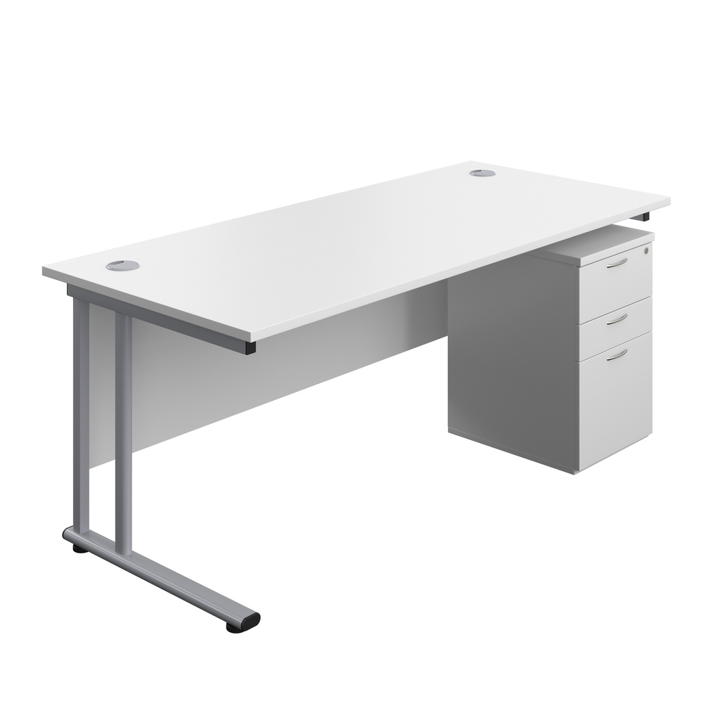 Twin Upright Rectangular Desk + High Mobile Pedestal 3 Drawer (FSC) | 1800X800 | White/Silver | 