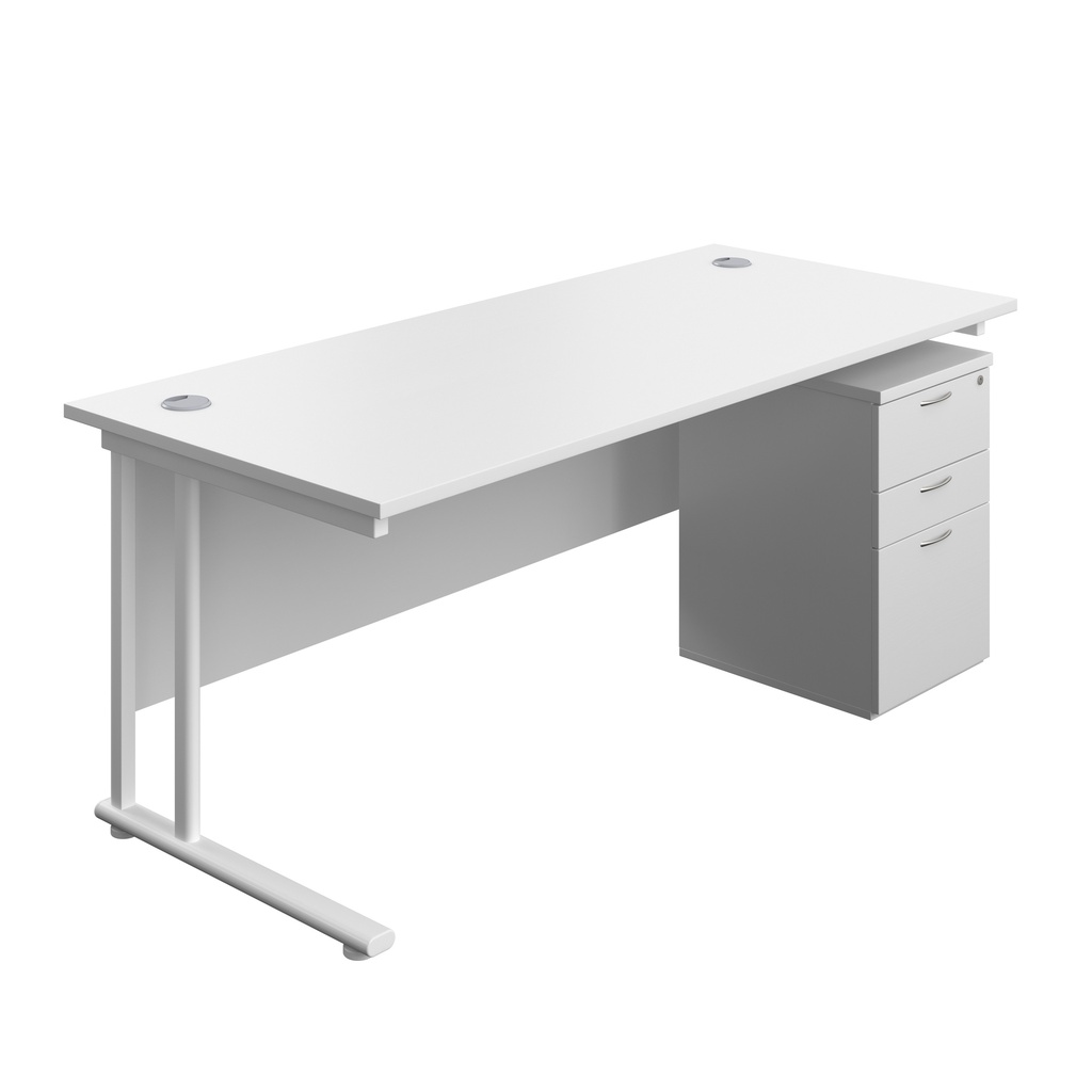 Twin Upright Rectangular Desk + High Mobile Pedestal 3 Drawer (FSC) | 1800X800 | White/White | 