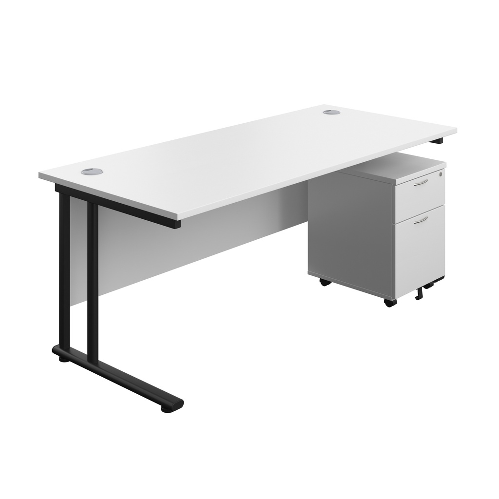 Twin Upright Rectangular Desk + Mobile 2 Drawer Pedestal (FSC) | 1800X800 | White/Black | 