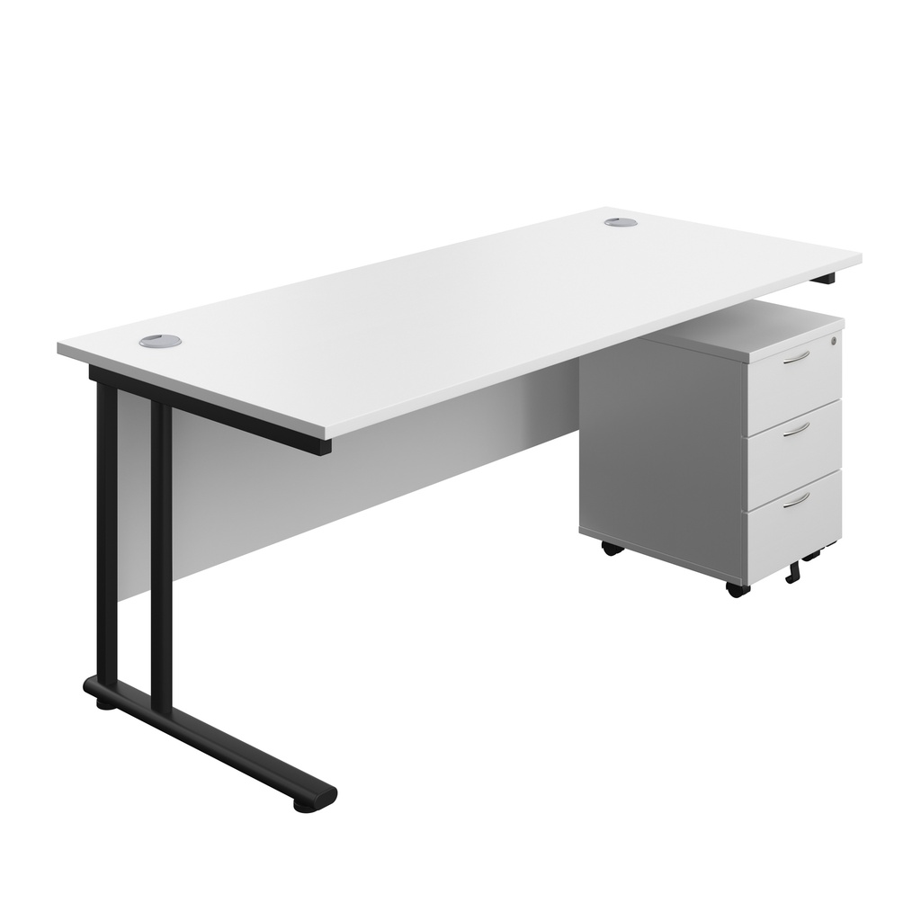 Twin Upright Rectangular Desk + Mobile 3 Drawer Pedestal (FSC) | 1800X800 | White/Black | 