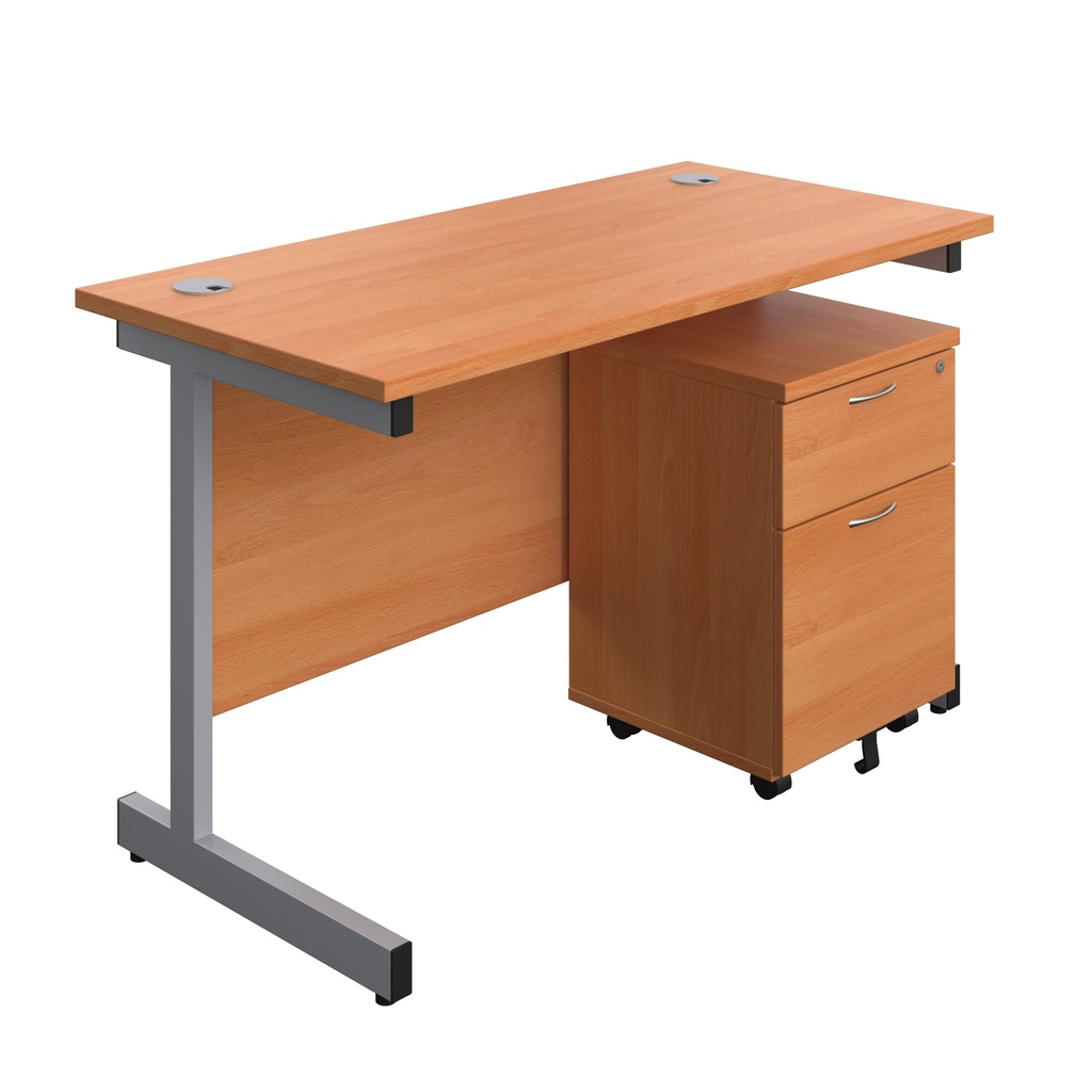 Single Upright Rectangular Desk + Mobile 2 Drawer Pedestal (FSC) | 1200 X 600 | Beech/Silver | 