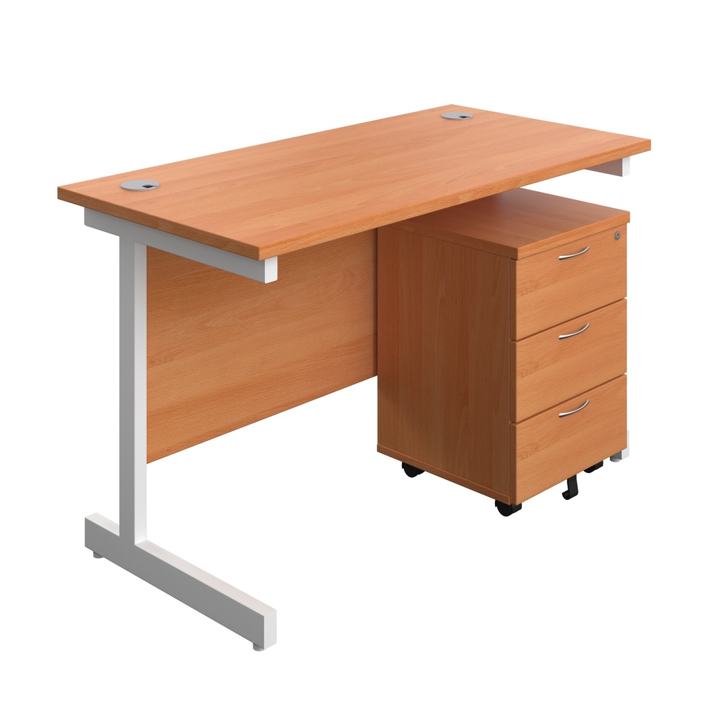 Single Upright Rectangular Desk + Mobile 3 Drawer Pedestal (FSC) | 1200 X 600 | Beech/White | 