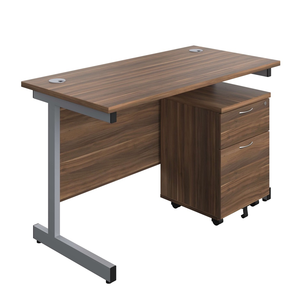 Single Upright Rectangular Desk + Mobile 2 Drawer Pedestal (FSC) | 1200 X 600 | Dark Walnut/Silver | 