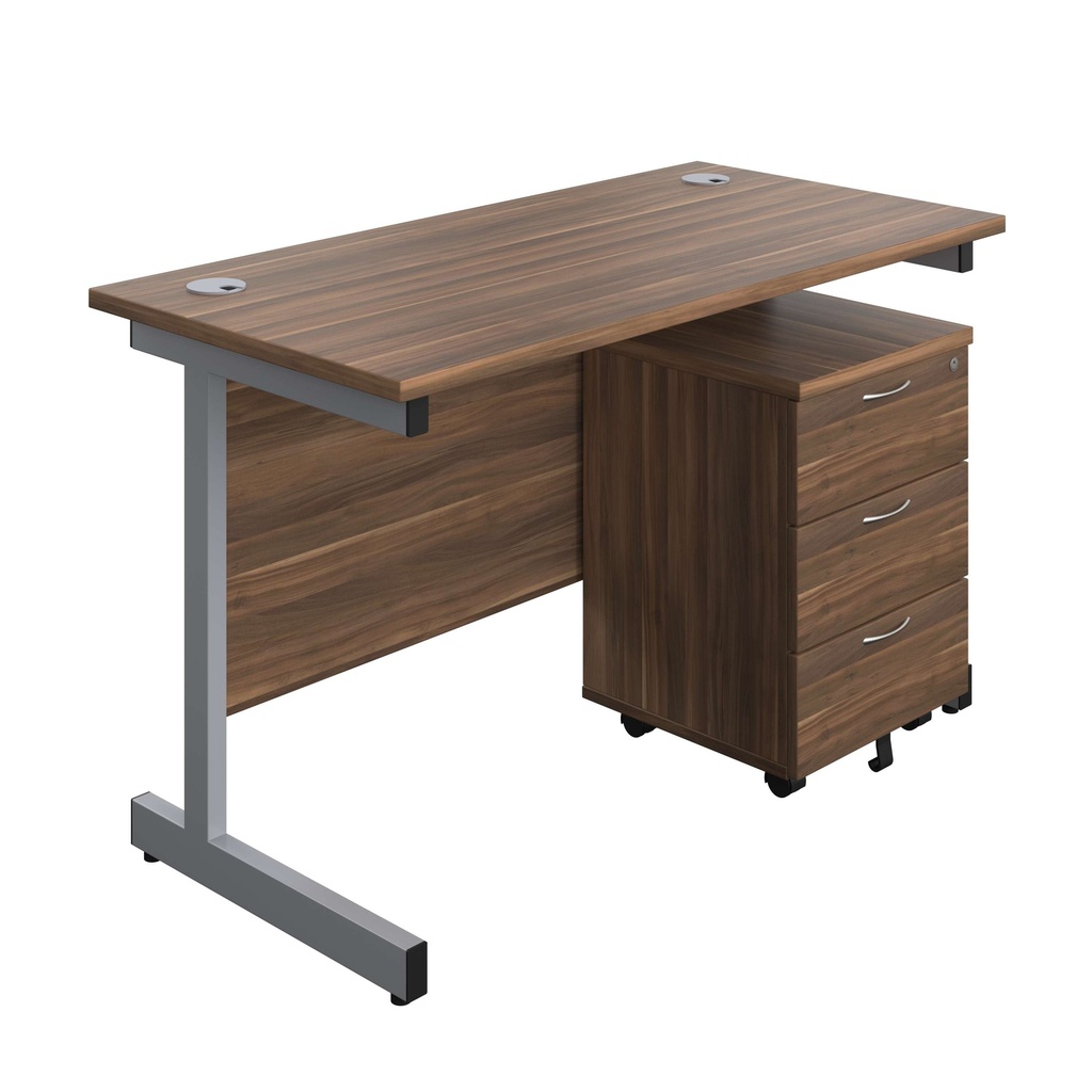 Single Upright Rectangular Desk + Mobile 3 Drawer Pedestal (FSC) | 1200 X 600 | Dark Walnut/Silver | 
