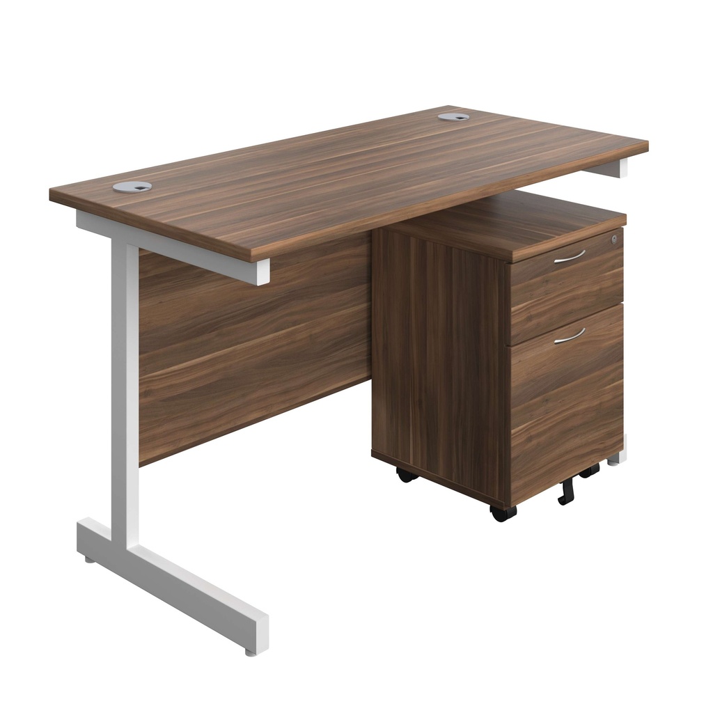 Single Upright Rectangular Desk + Mobile 2 Drawer Pedestal (FSC) | 1200 X 600 | Dark Walnut/White | 