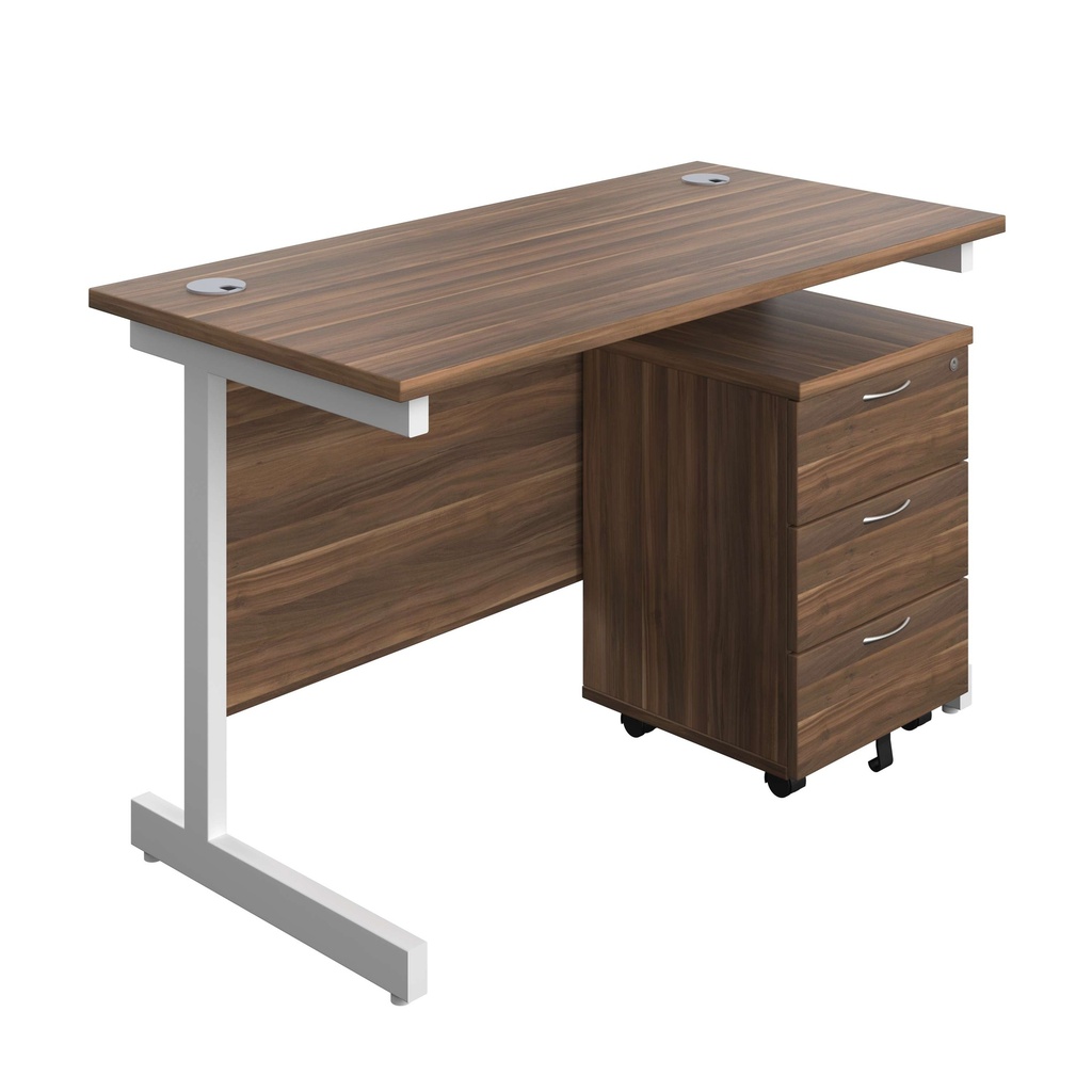 Single Upright Rectangular Desk + Mobile 3 Drawer Pedestal (FSC) | 1200 X 600 | Dark Walnut/White | 