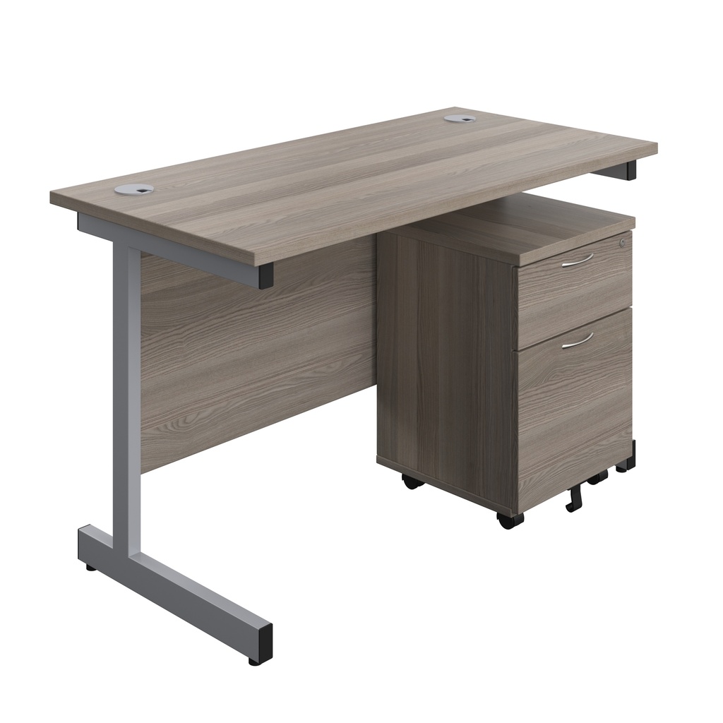 Single Upright Rectangular Desk + Mobile 2 Drawer Pedestal (FSC) | 1200 X 600 | Grey Oak/Silver | 