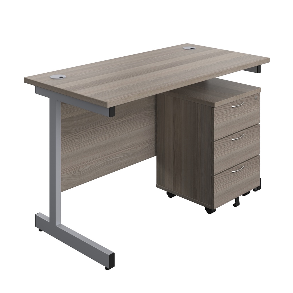 Single Upright Rectangular Desk + Mobile 3 Drawer Pedestal (FSC) | 1200 X 600 | Grey Oak/Silver | 