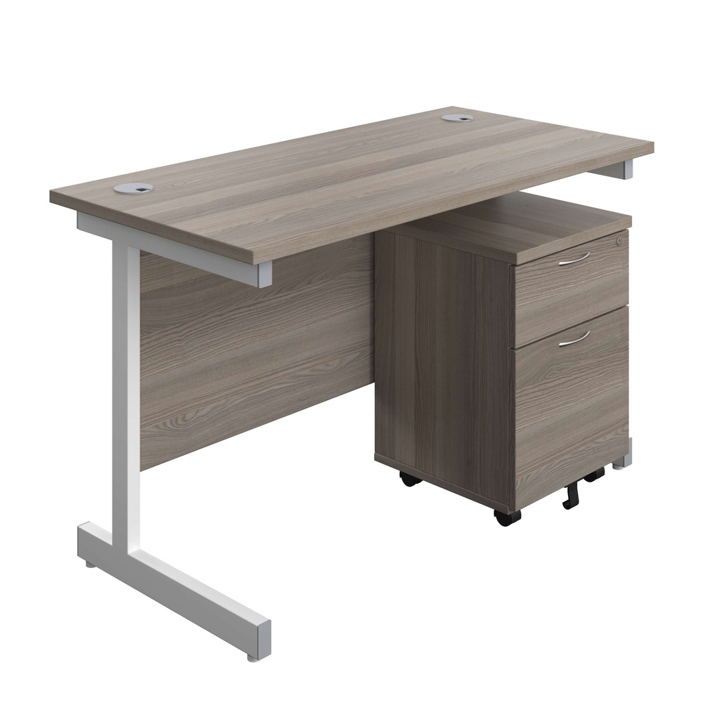 Single Upright Rectangular Desk + Mobile 2 Drawer Pedestal (FSC) | 1200 X 600 | Grey Oak/White | 