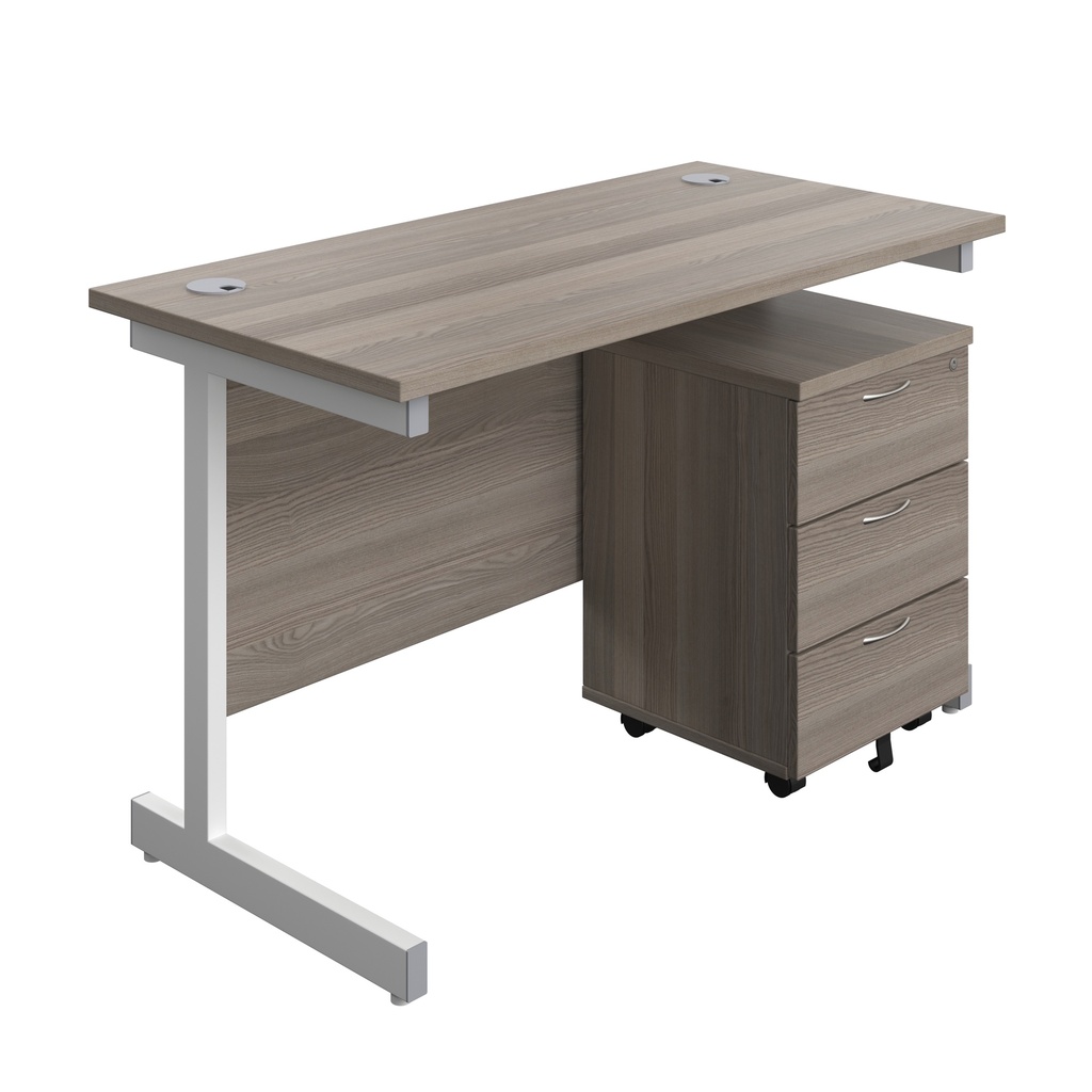 Single Upright Rectangular Desk + Mobile 3 Drawer Pedestal (FSC) | 1200 X 600 | Grey Oak/White | 