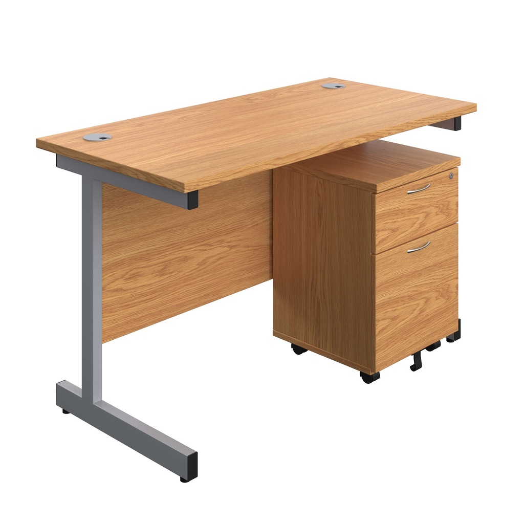 Single Upright Rectangular Desk + Mobile 2 Drawer Pedestal (FSC) | 1200 X 600 | Nova Oak/Silver | 