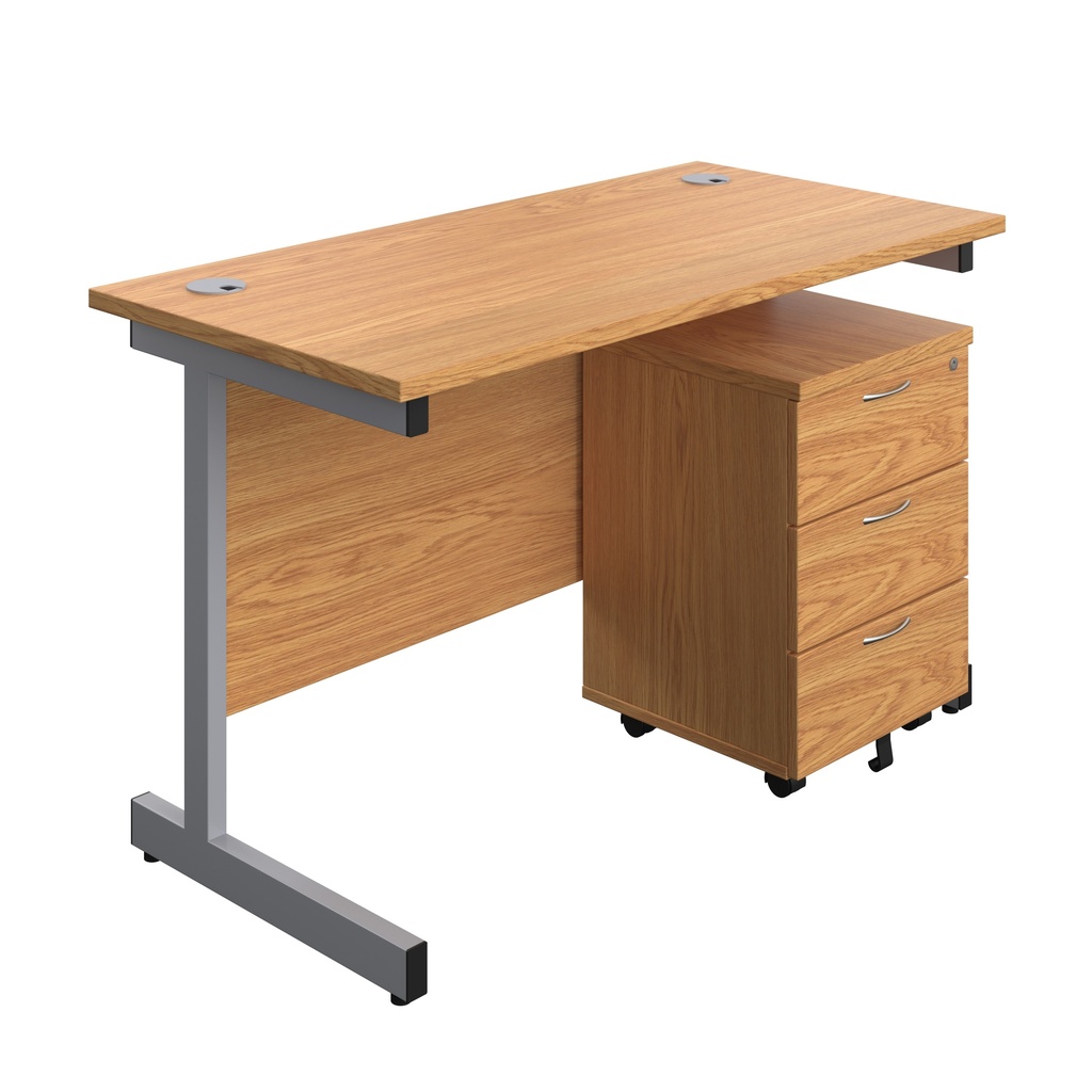 Single Upright Rectangular Desk + Mobile 3 Drawer Pedestal (FSC) | 1200 X 600 | Nova Oak/Silver | 