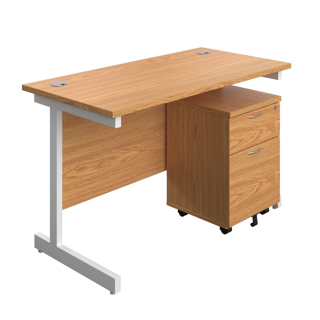Single Upright Rectangular Desk + Mobile 2 Drawer Pedestal (FSC) | 1200 X 600 | Nova Oak/White | 