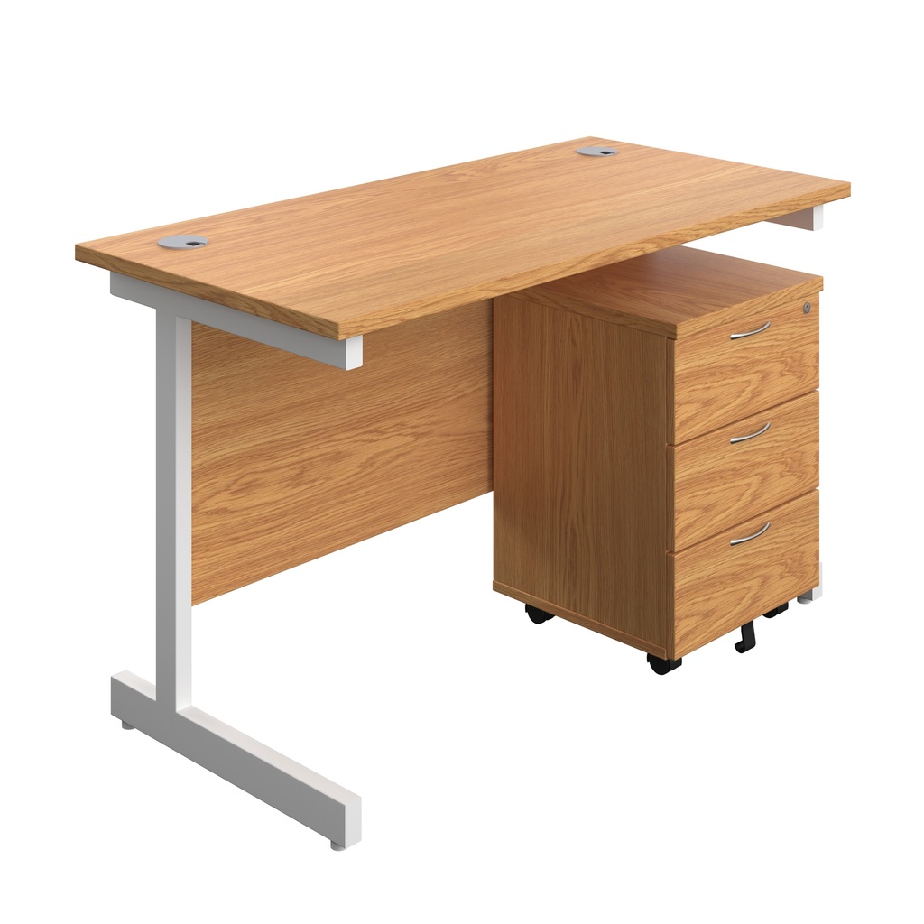 Single Upright Rectangular Desk + Mobile 3 Drawer Pedestal (FSC) | 1200 X 600 | Nova Oak/White | 
