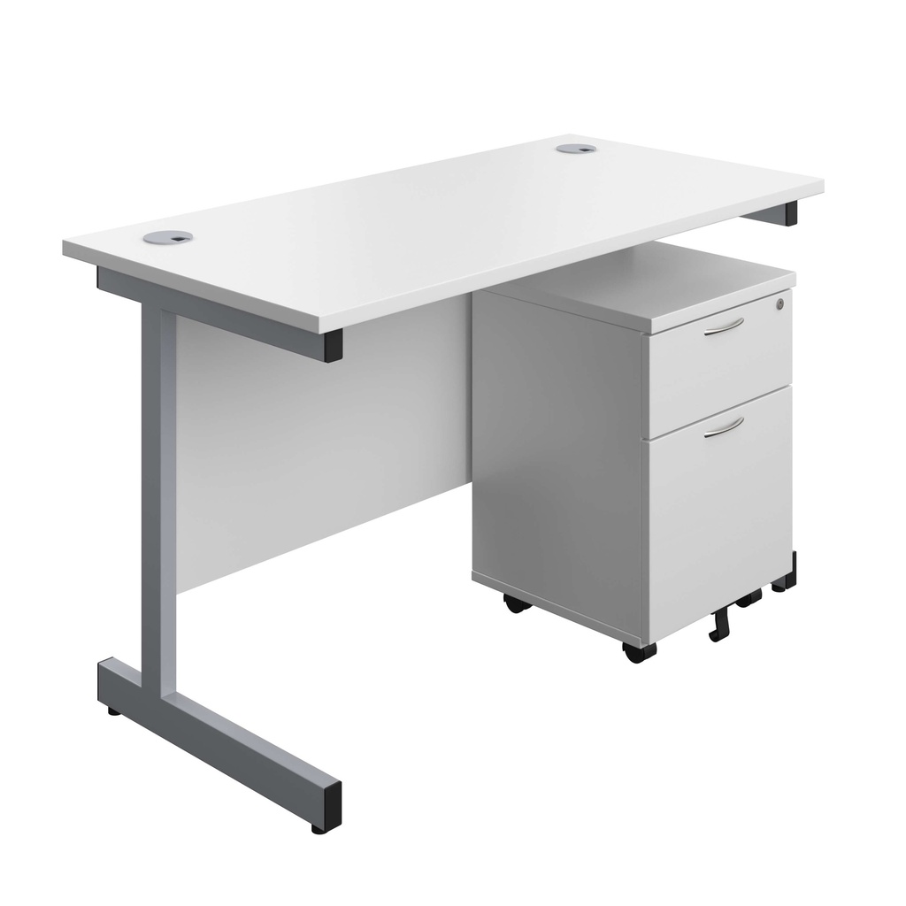 Single Upright Rectangular Desk + Mobile 2 Drawer Pedestal (FSC) | 1200 X 600 | White/Silver | 