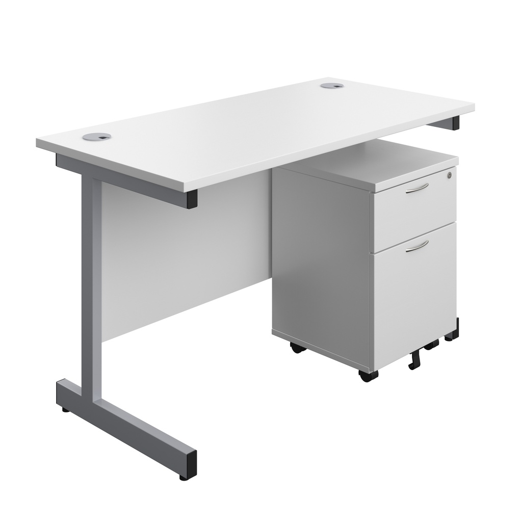 Single Upright Rectangular Desk + Mobile 2 Drawer Pedestal (FSC) | 1200 X 600 | White/Silver | 