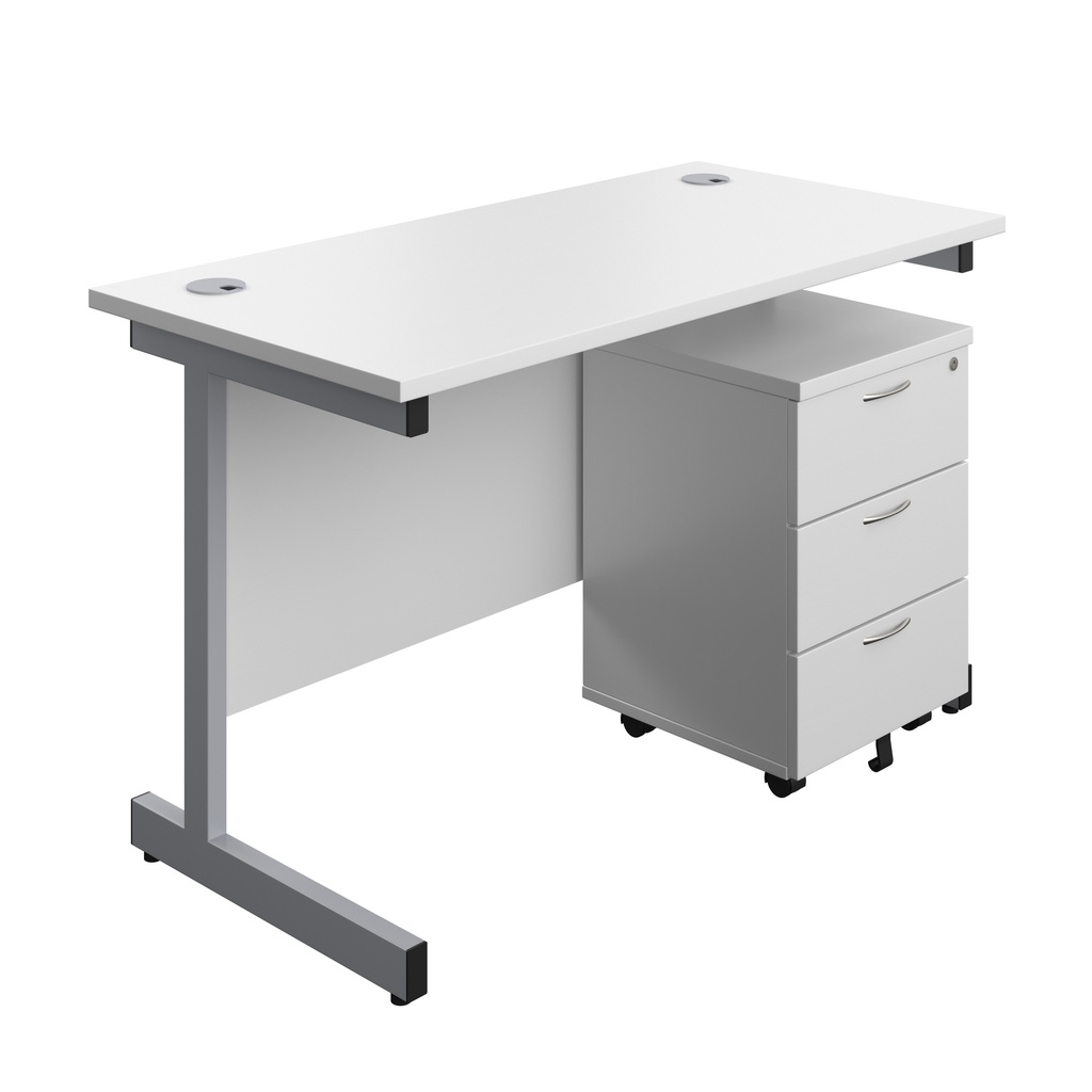 Single Upright Rectangular Desk + Mobile 3 Drawer Pedestal (FSC) | 1200 X 600 | White/Silver | 