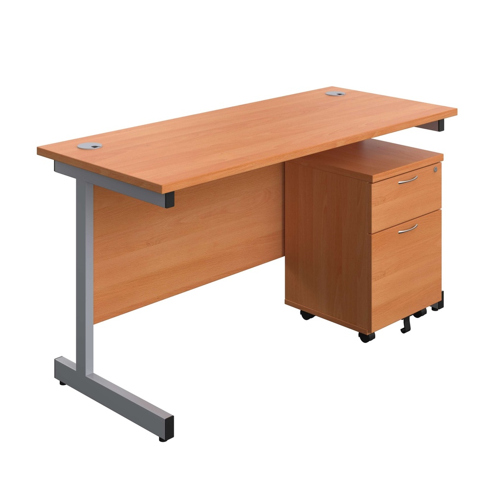 Single Upright Rectangular Desk + Mobile 2 Drawer Pedestal (FSC) | 1400 X 600 | Beech/Silver | 