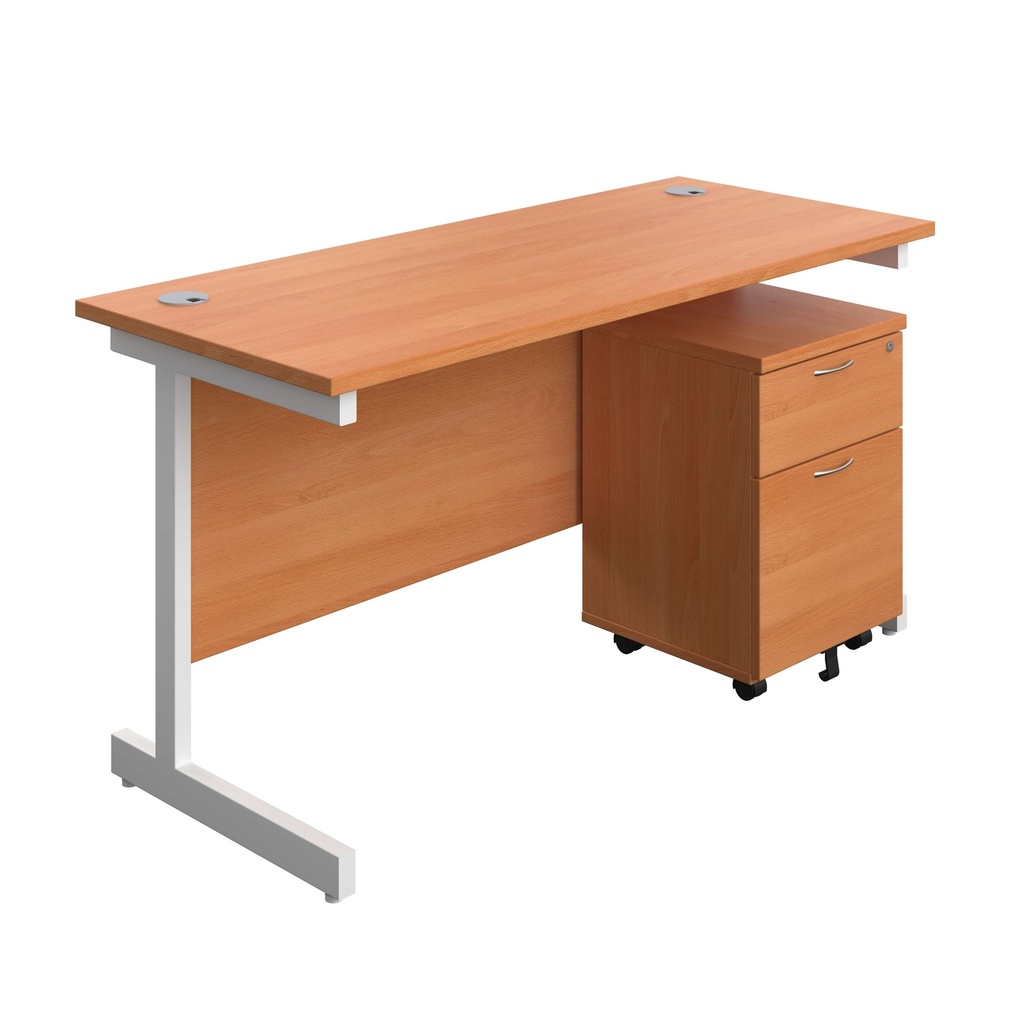Single Upright Rectangular Desk + Mobile 2 Drawer Pedestal (FSC) | 1400 X 600 | Beech/White | 