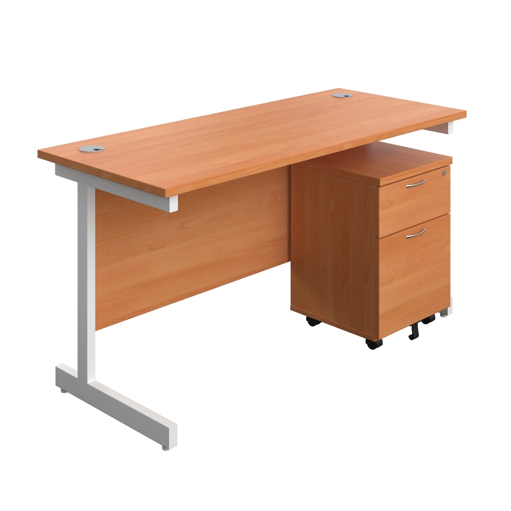 Single Upright Rectangular Desk + Mobile 2 Drawer Pedestal (FSC) | 1400 X 600 | Beech/White | 