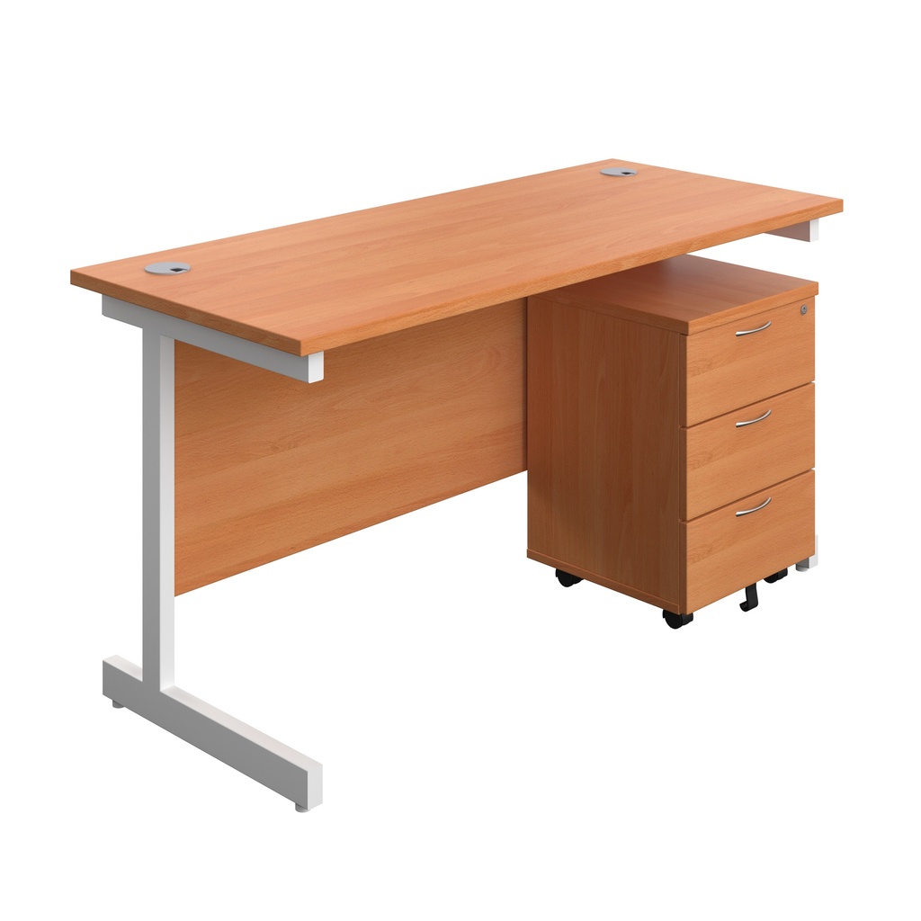 Single Upright Rectangular Desk + Mobile 3 Drawer Pedestal (FSC) | 1400 X 600 | Beech/White | 