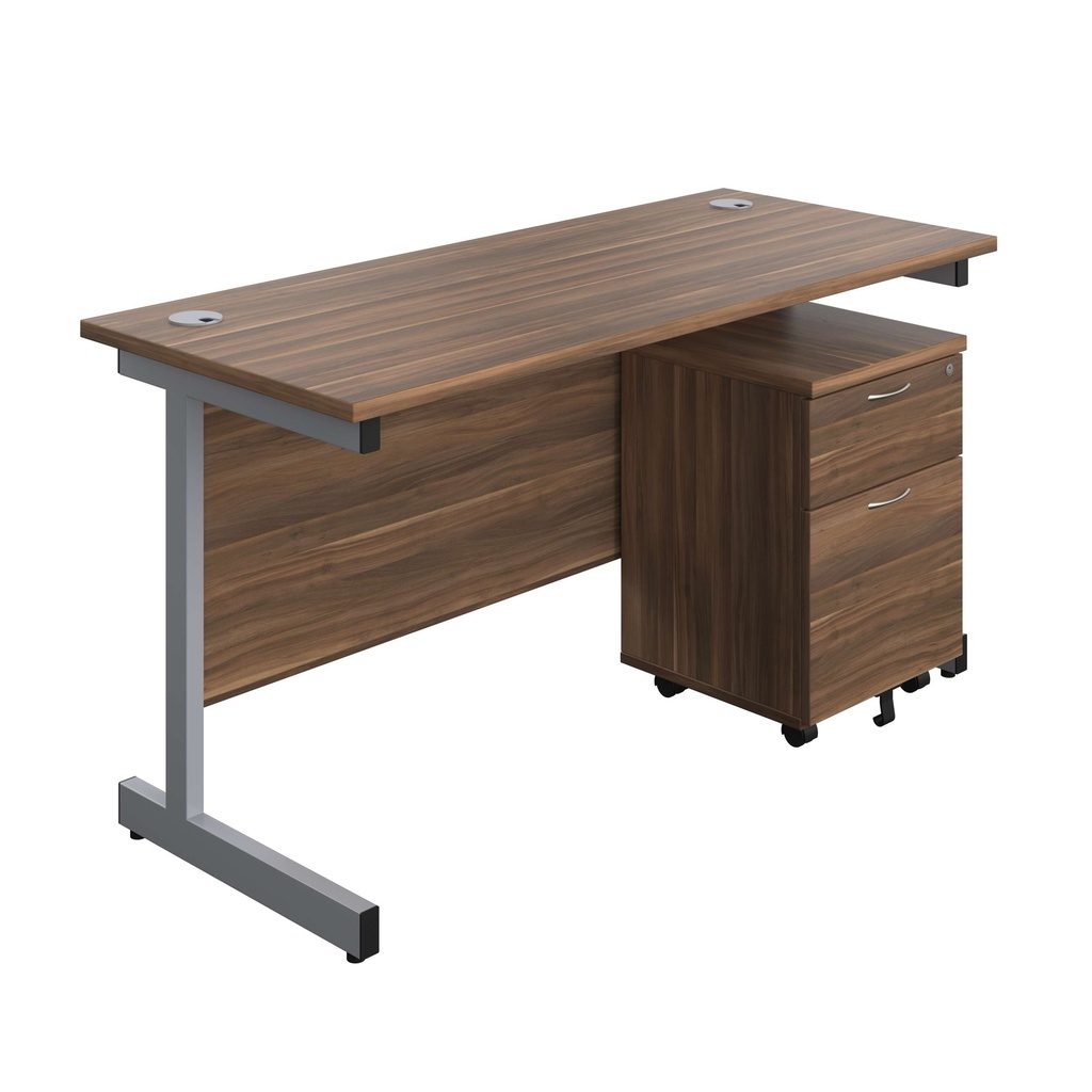 Single Upright Rectangular Desk + Mobile 2 Drawer Pedestal (FSC) | 1400 X 600 | Dark Walnut/Silver | 