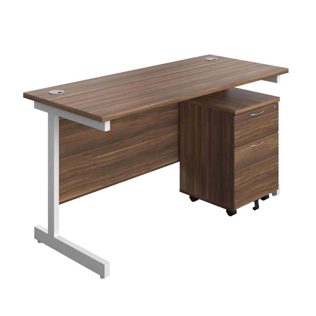 Single Upright Rectangular Desk + Mobile 2 Drawer Pedestal (FSC) | 1400 X 600 | Dark Walnut/White | 