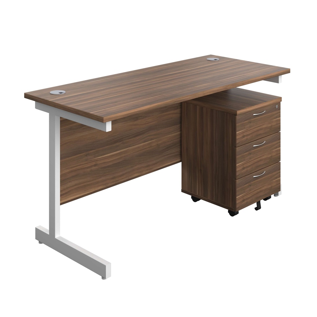 Single Upright Rectangular Desk + Mobile 3 Drawer Pedestal (FSC) | 1400 X 600 | Dark Walnut/White | 