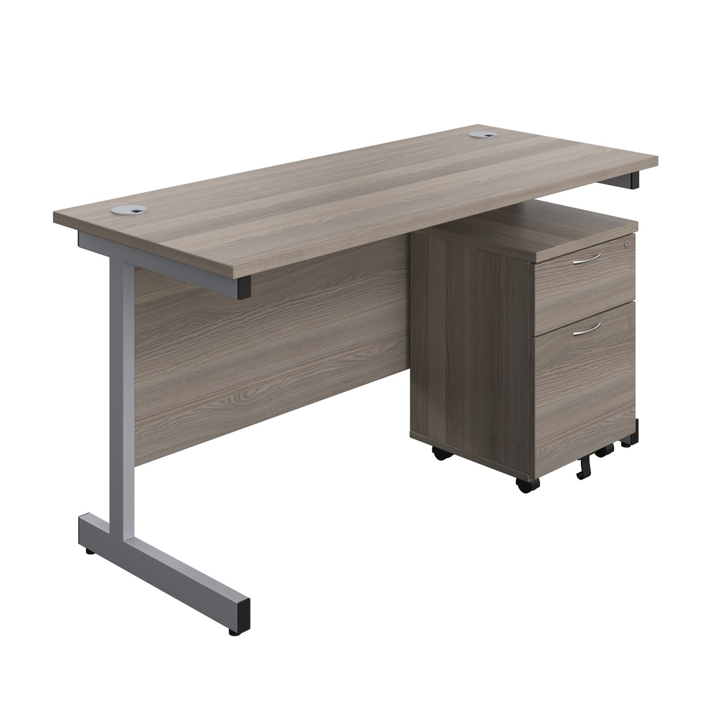 Single Upright Rectangular Desk + Mobile 2 Drawer Pedestal (FSC) | 1400 X 600 | Grey Oak/Silver | 