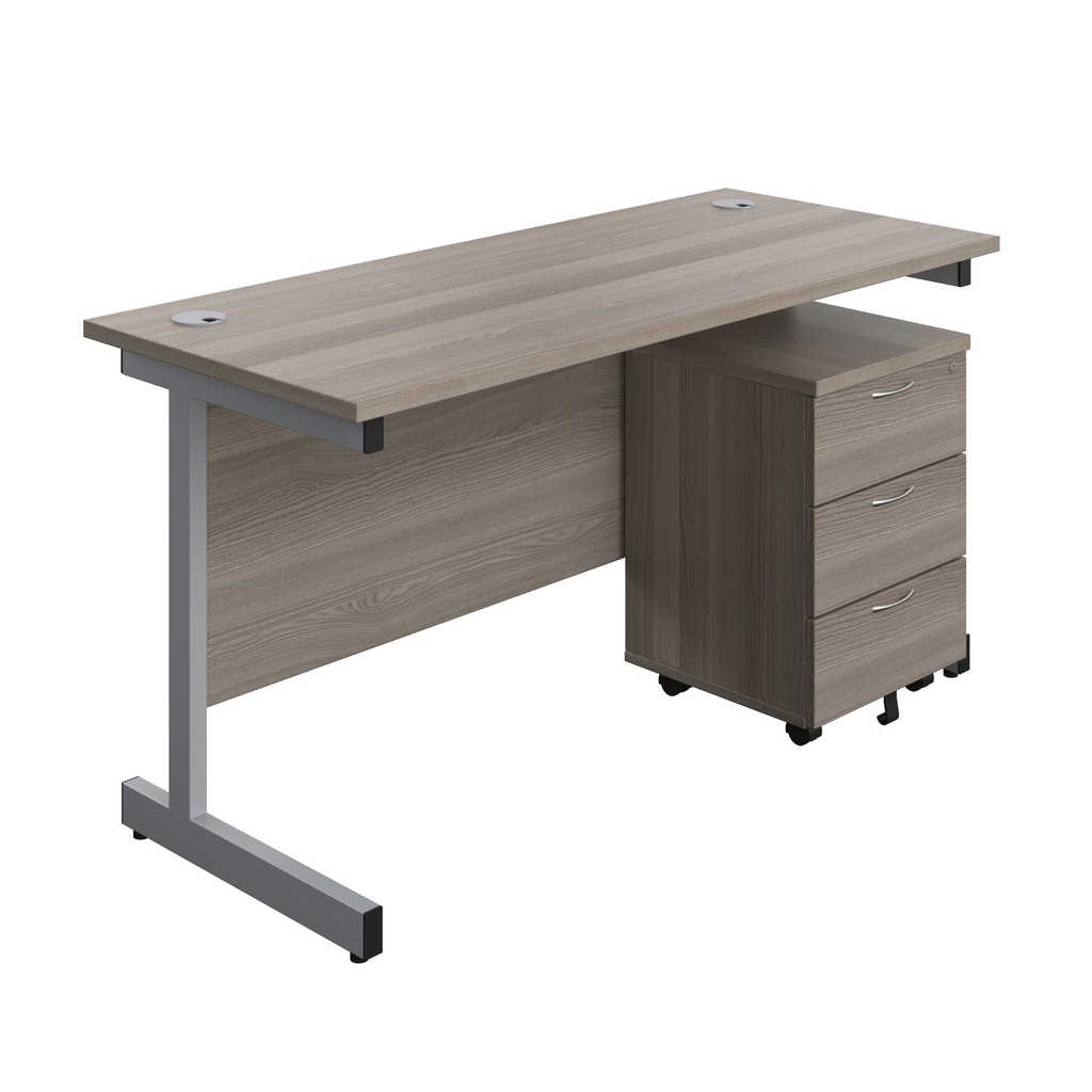 Single Upright Rectangular Desk + Mobile 3 Drawer Pedestal (FSC) | 1400 X 600 | Grey Oak/Silver | 