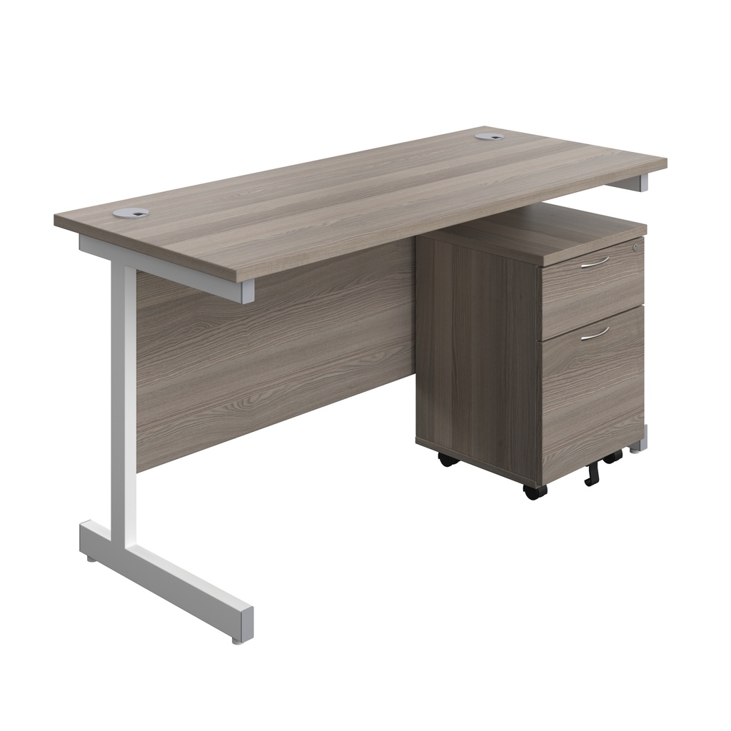 Single Upright Rectangular Desk + Mobile 2 Drawer Pedestal (FSC) | 1400 X 600 | Grey Oak/White | 