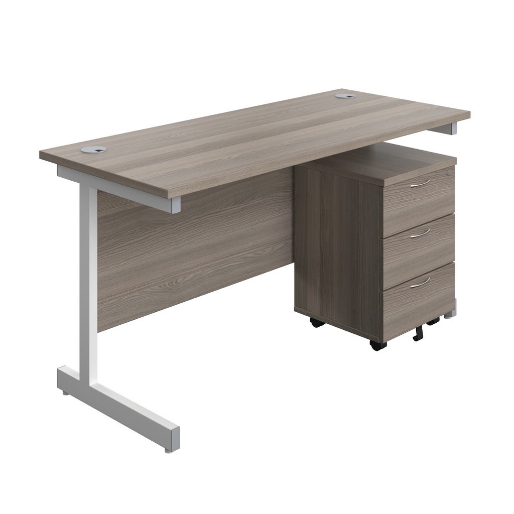 Single Upright Rectangular Desk + Mobile 3 Drawer Pedestal (FSC) | 1400 X 600 | Grey Oak/White | 