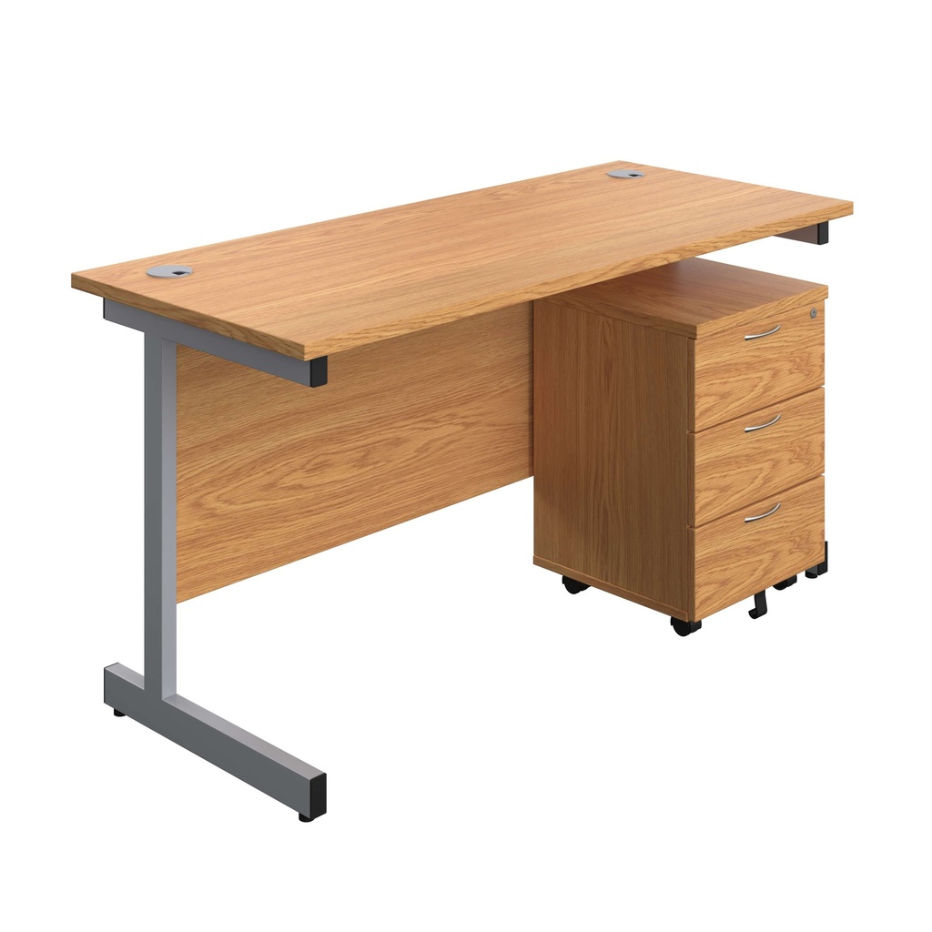 Single Upright Rectangular Desk + Mobile 3 Drawer Pedestal (FSC) | 1400 X 600 | Nova Oak/Silver | 