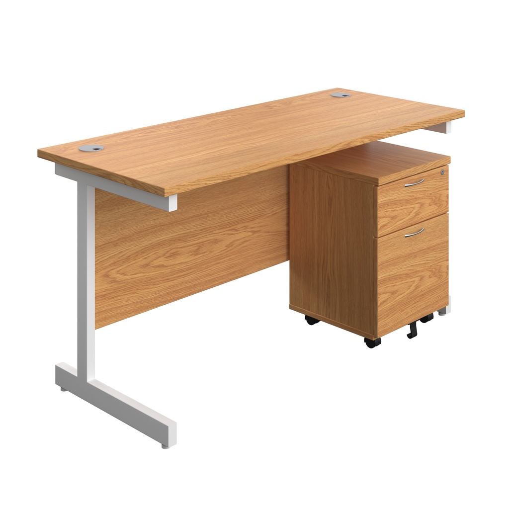 Single Upright Rectangular Desk + Mobile 2 Drawer Pedestal (FSC) | 1400 X 600 | Nova Oak/White | 