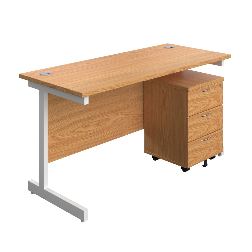 Single Upright Rectangular Desk + Mobile 3 Drawer Pedestal (FSC) | 1400 X 600 | Nova Oak/White | 