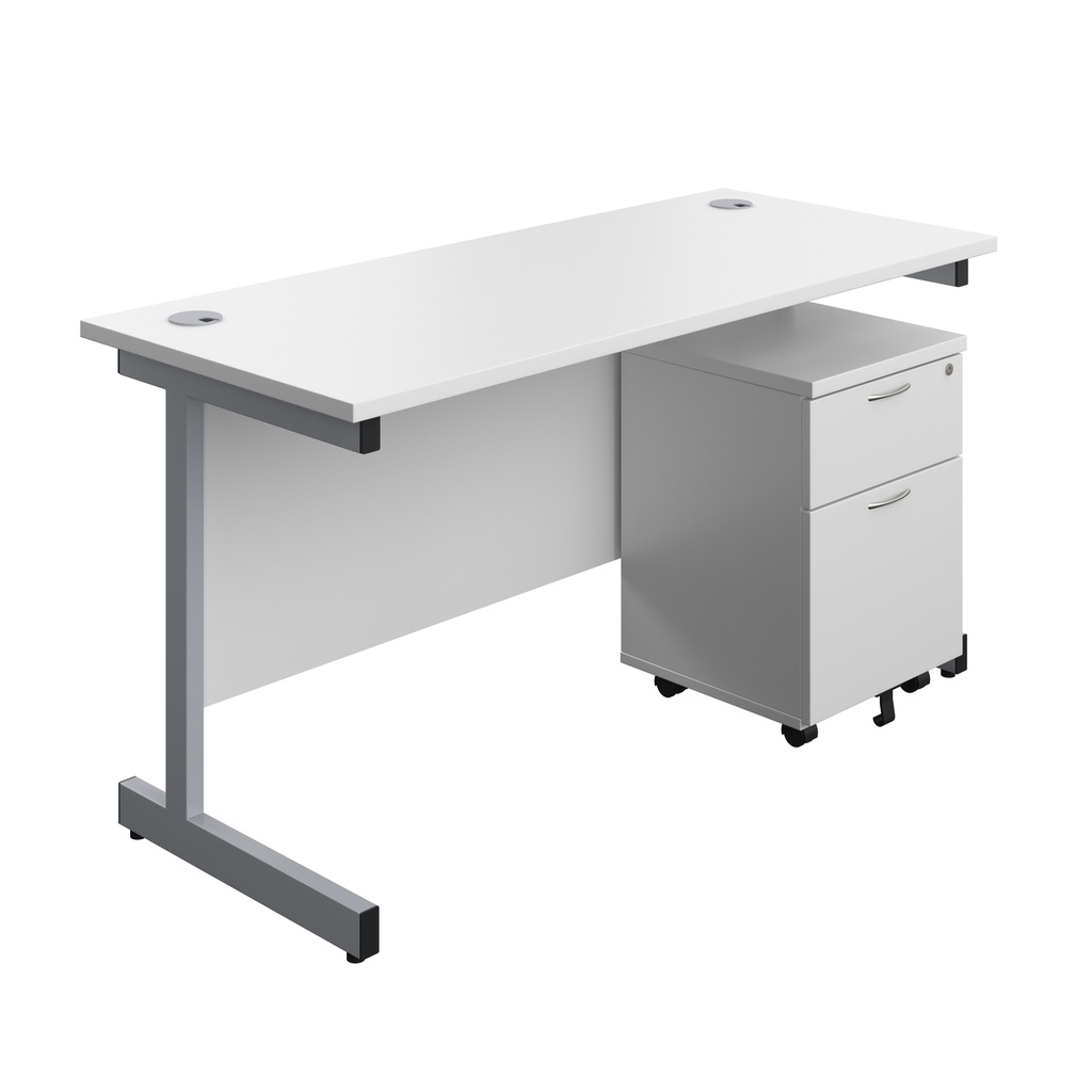 Single Upright Rectangular Desk + Mobile 2 Drawer Pedestal (FSC) | 1400 X 600 | White/Silver | 