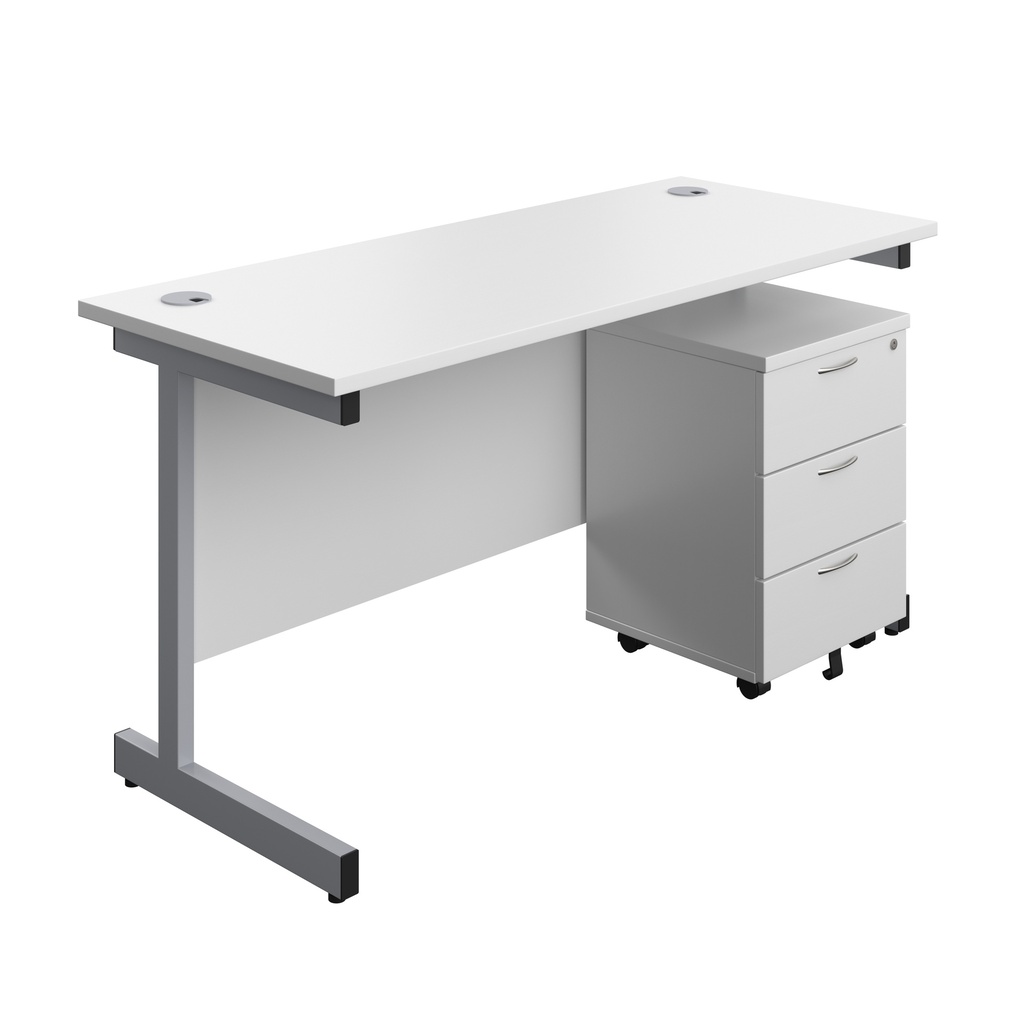 Single Upright Rectangular Desk + Mobile 3 Drawer Pedestal (FSC) | 1400 X 600 | White/Silver | 