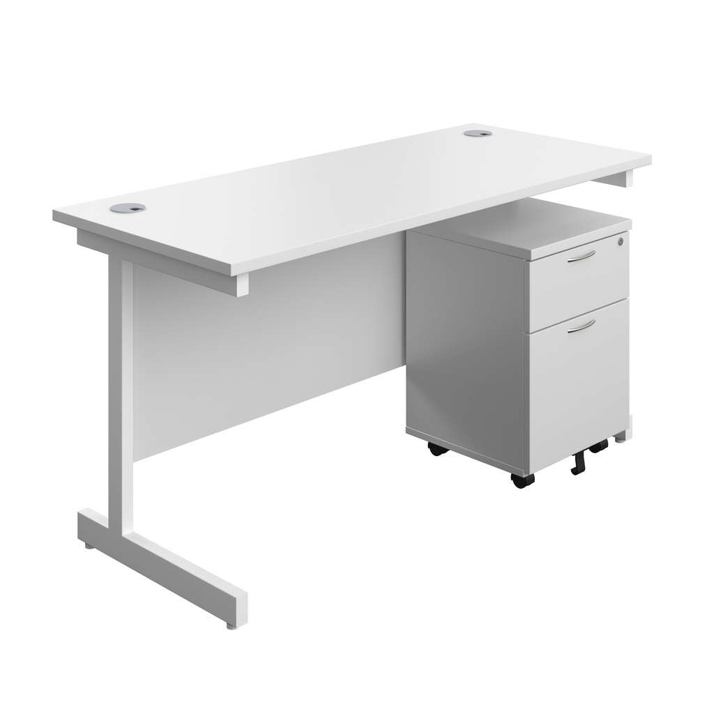 Single Upright Rectangular Desk + Mobile 2 Drawer Pedestal (FSC) | 1400 X 600 | White/White | 