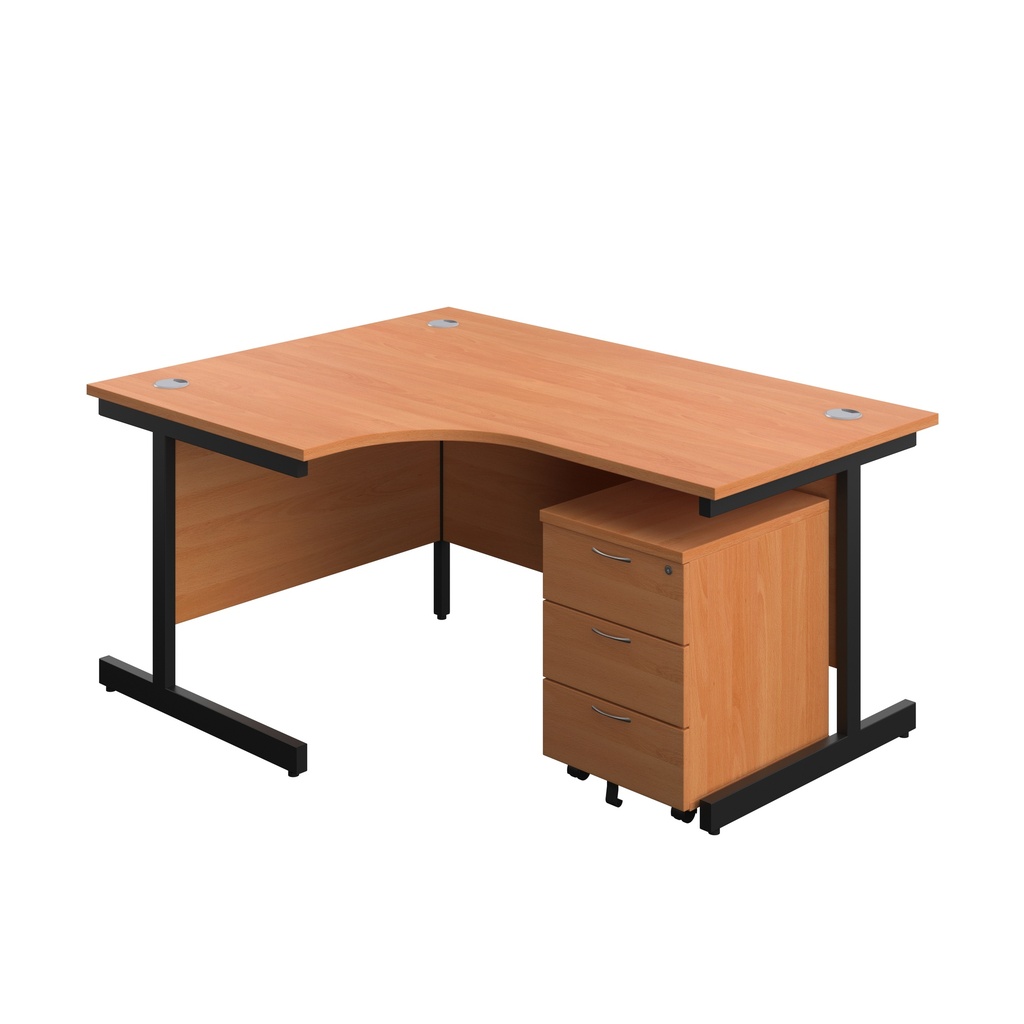 Single Upright Left Hand Radial Desk + Mobile 3 Drawer Pedestal (FSC) | 1600 X 1200 | Beech/Black | 