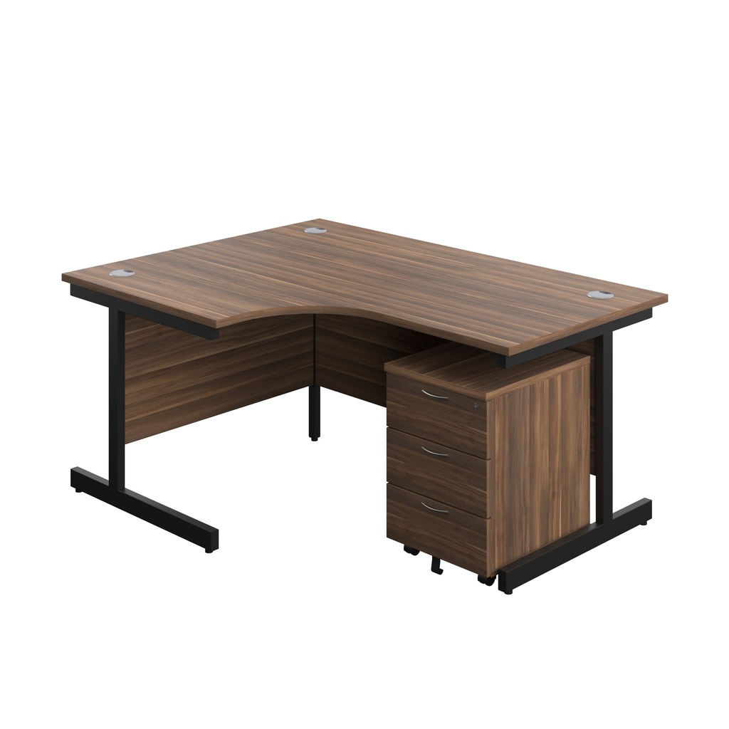 Single Upright Left Hand Radial Desk + Mobile 3 Drawer Pedestal (FSC) | 1600 X 1200 | Dark Walnut/Black | 