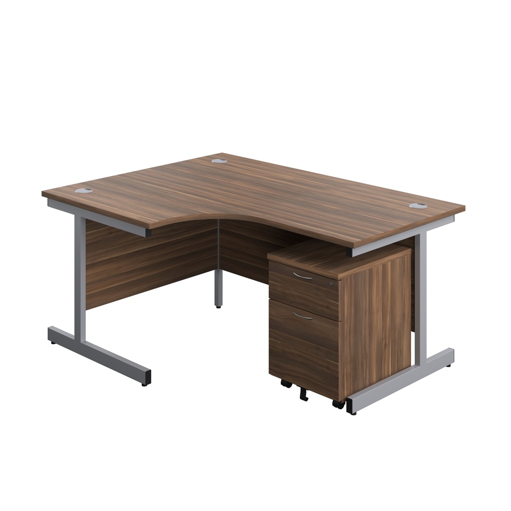 Single Upright Left Hand Radial Desk + Mobile 2 Drawer Pedestal (FSC) | 1600 X 1200 | Dark Walnut/Silver | 