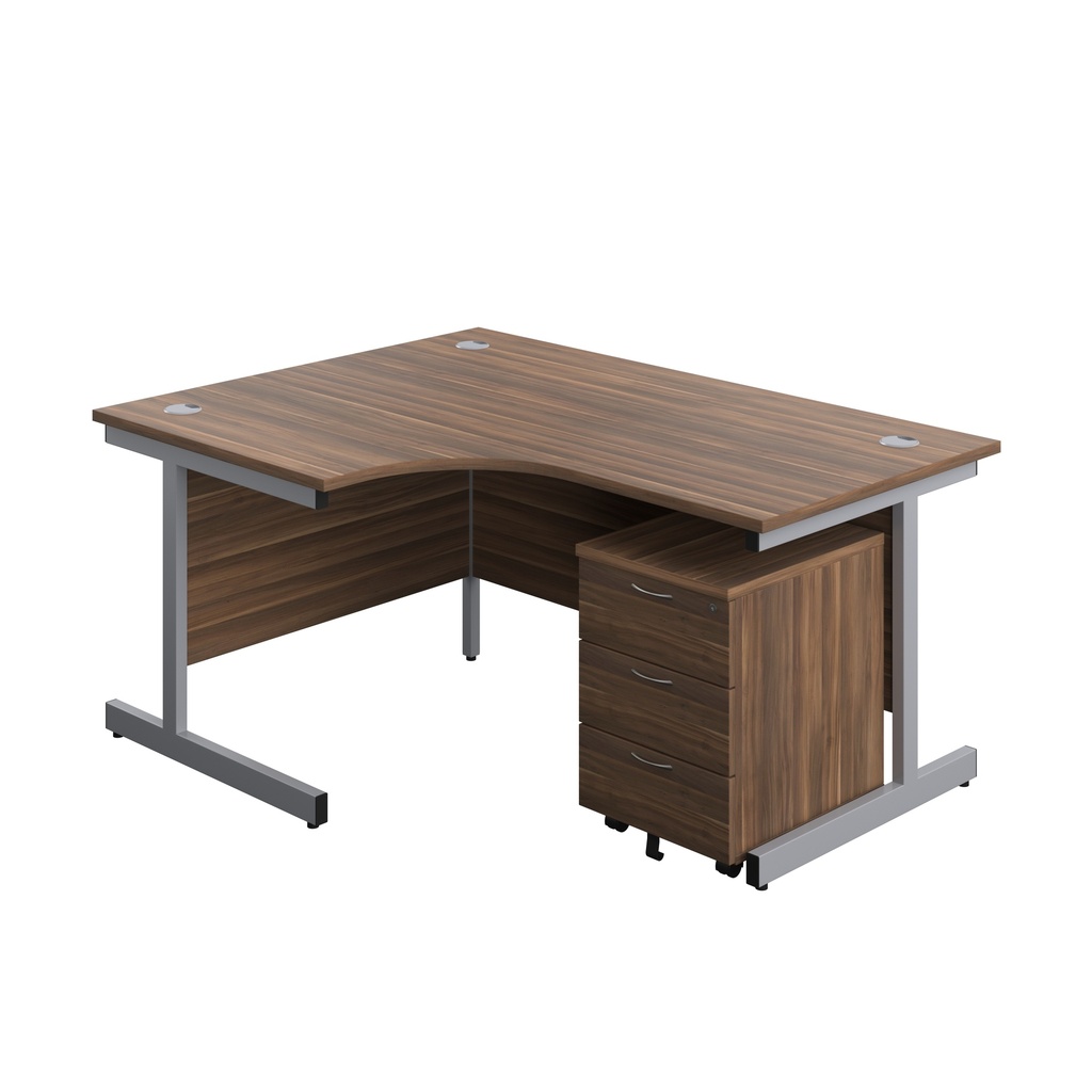 Single Upright Left Hand Radial Desk + Mobile 3 Drawer Pedestal (FSC) | 1600 X 1200 | Dark Walnut/Silver | 